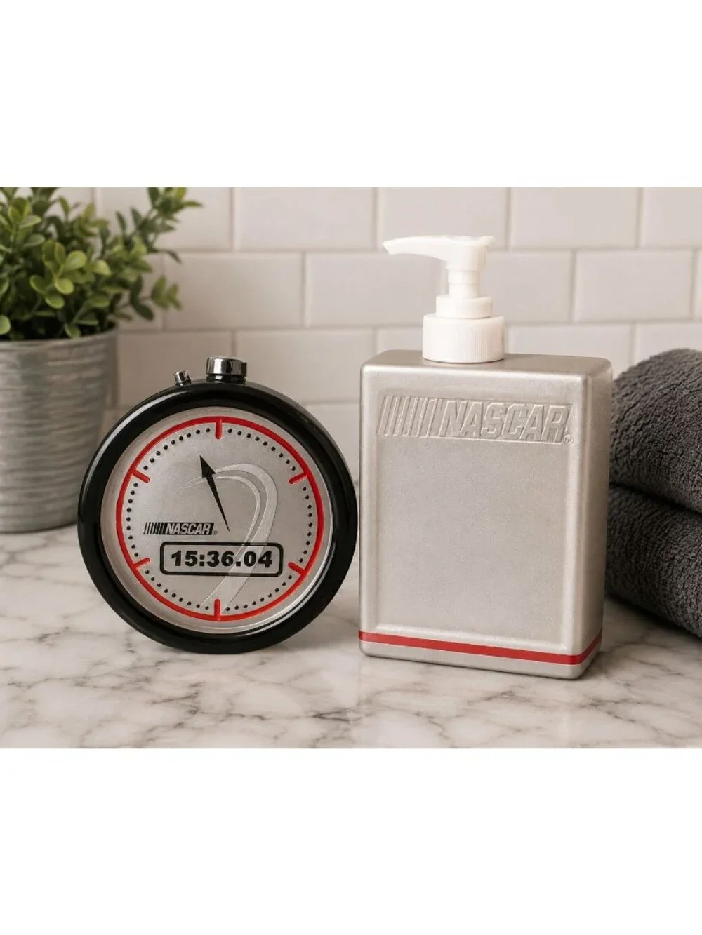 NASCAR Soap Dish and Lotion Pump Bathroom Set New in Box Hand Painted